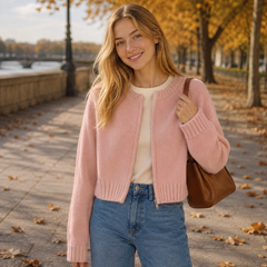 Cardigan rosa corto con zip centrale, polsini a coste e maniche lunghe
