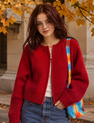 Cardigan rosso corto in maglia con zip e bordi a coste in evidenza