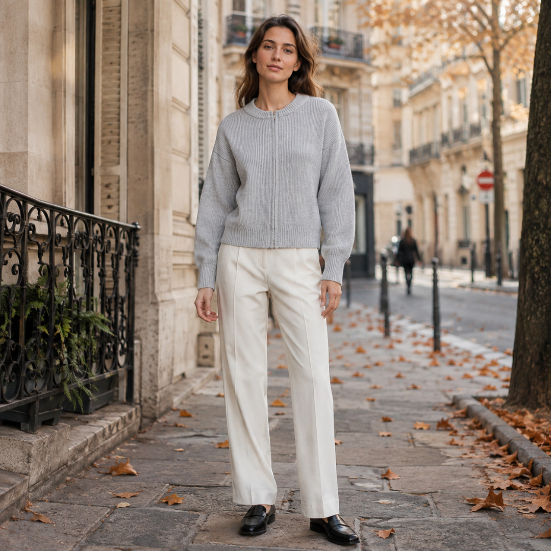 Cardigan donna grigio chiaro in maglia a coste con zip, indossato in strada