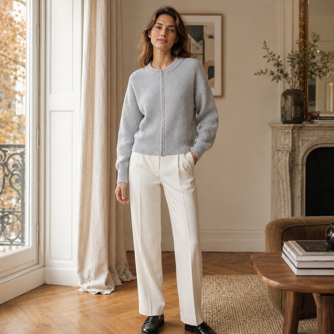 Cardigan grigio chiaro con zip integrale abbinato a pantaloni bianchi dritti