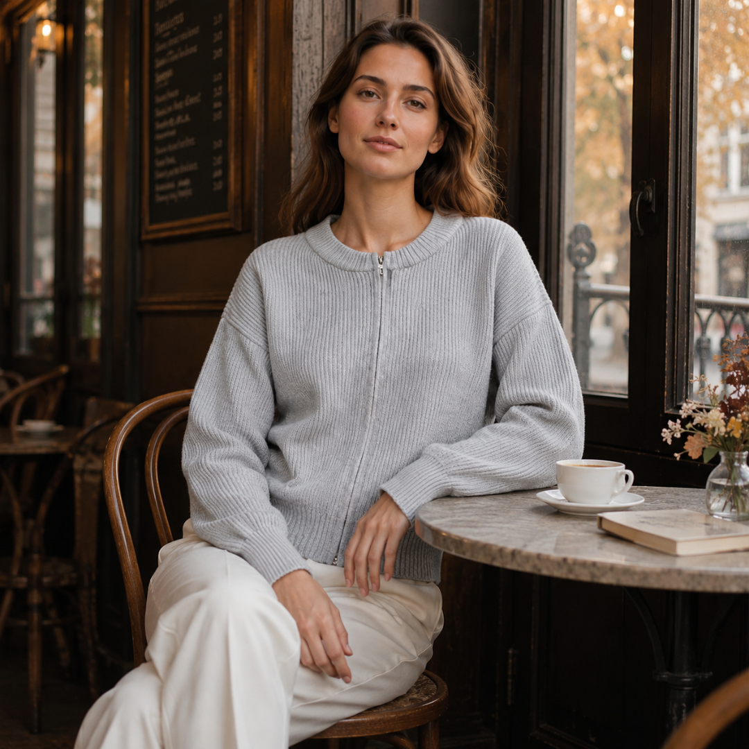 Dettaglio del cardigan grigio chiaro con zip frontale e girocollo a costine
