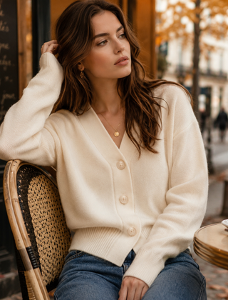 Cardigan donna beige corto con scollo a V e tre bottoni sul davanti