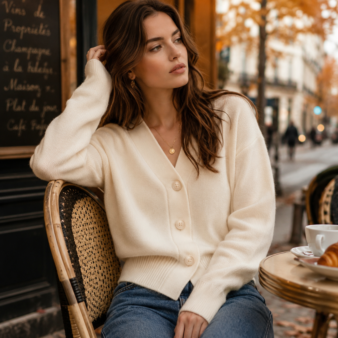 Cardigan donna beige corto con scollo a V e tre bottoni sul davanti