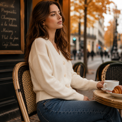 Vista laterale del cardigan beige con bordi a coste ai polsini e sul fondo