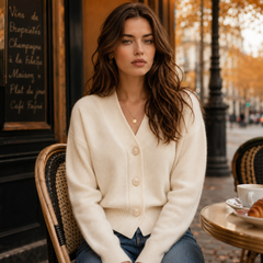 Cardigan corto beige in tinta unita con tre bottoni sul davanti e scollo a V