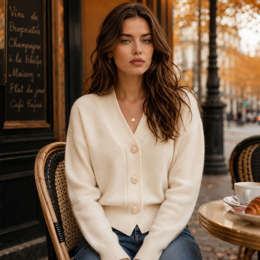 Cardigan corto beige in tinta unita con tre bottoni sul davanti e scollo a V