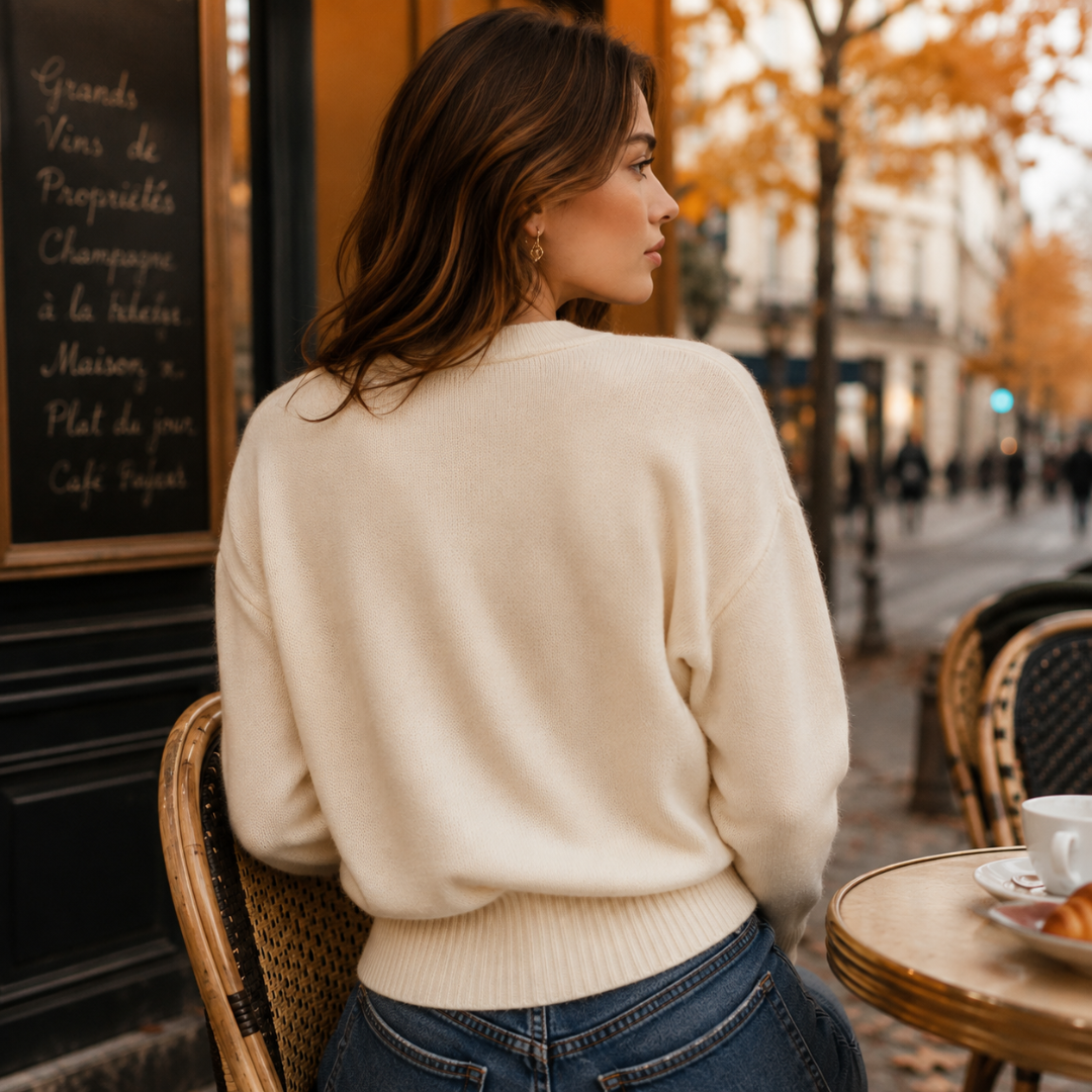 Retro del cardigan donna beige con fondo a coste e maniche lunghe