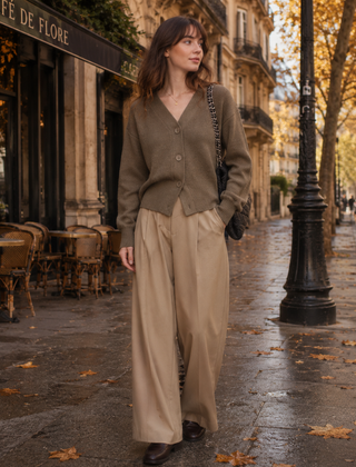Cardigan donna kaki con bottoni sul davanti e pantaloni larghi beige