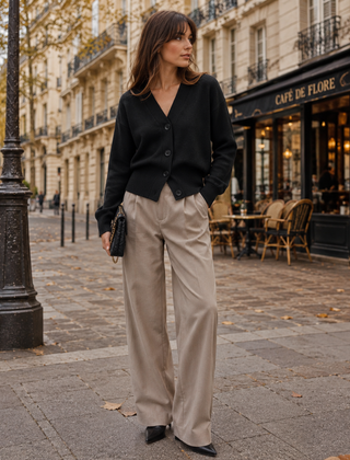 Cardigan donna nero corto con scollo a V e bordi a coste in vita