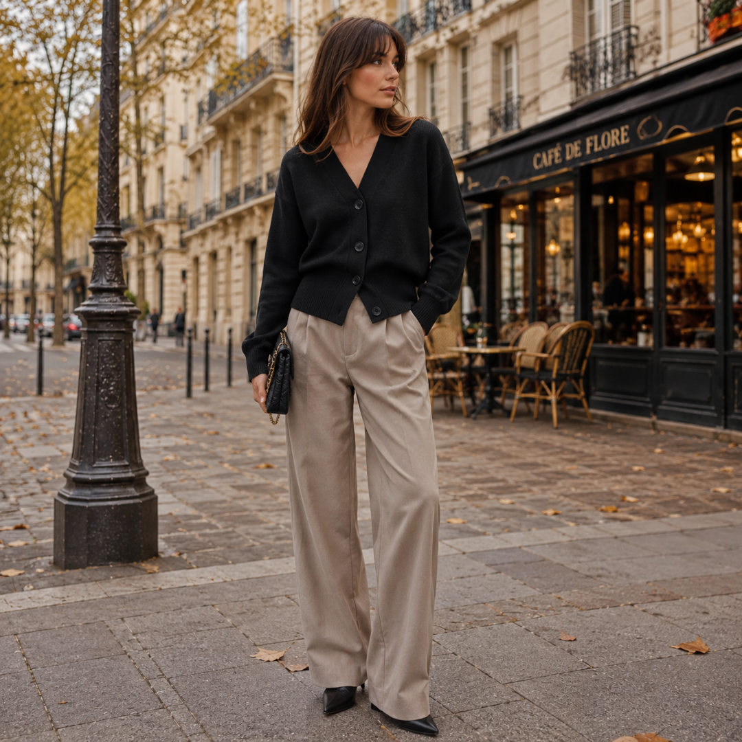 Cardigan donna nero corto con scollo a V e bordi a coste in vita