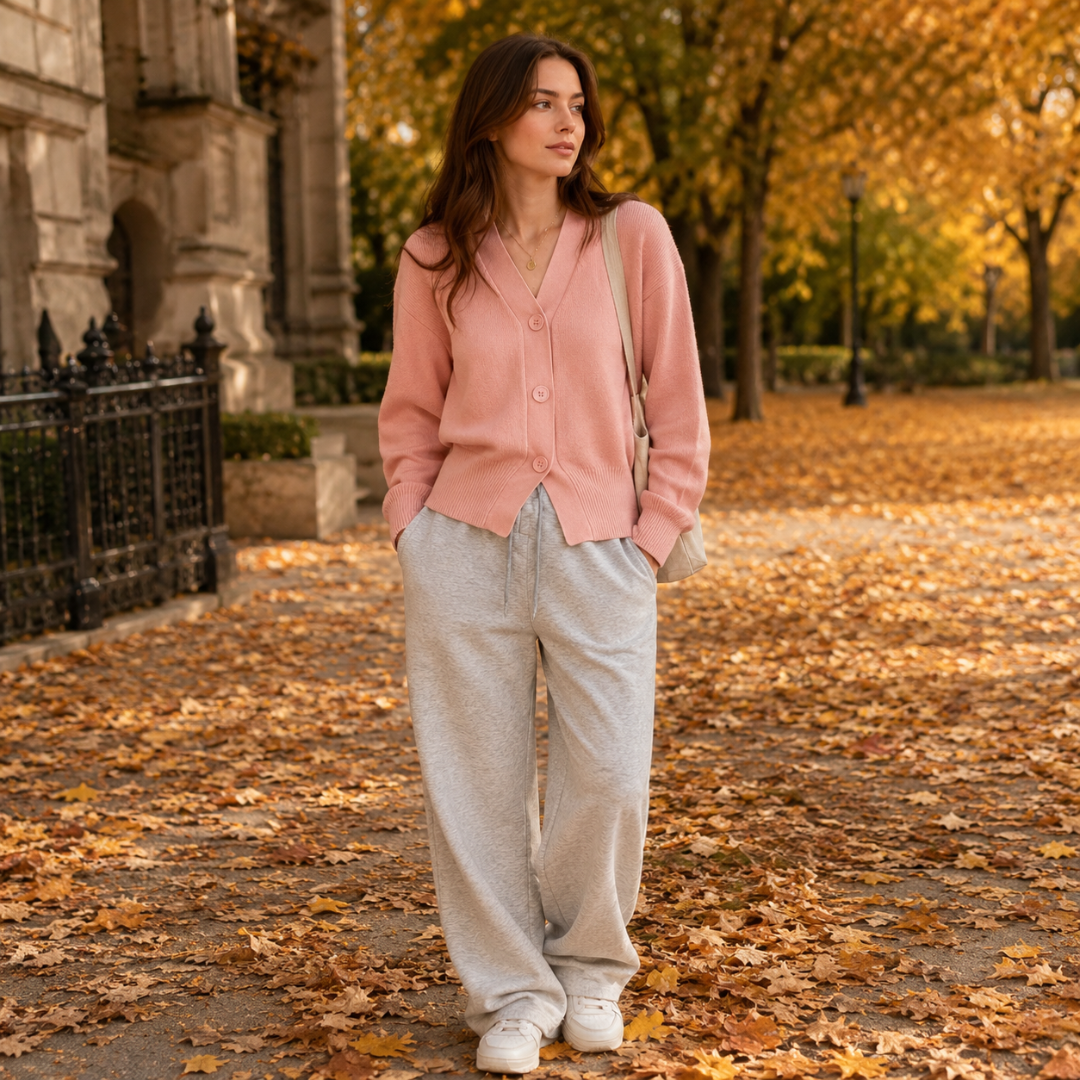 Cardigan donna rosa corto con scollo a V abbinato a pantaloni ampi grigi
