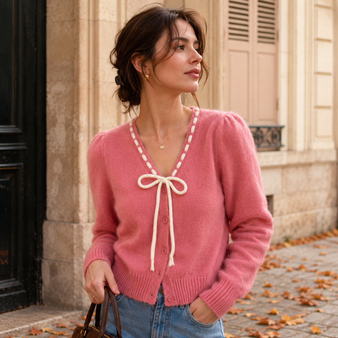 Cardigan donna rosa con fiocco crema e bordo a contrasto sullo scollo