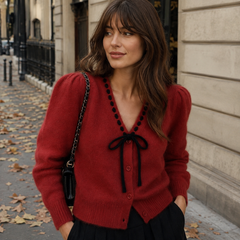 Cardigan donna rosso con scollo a V bordato e fiocco nero