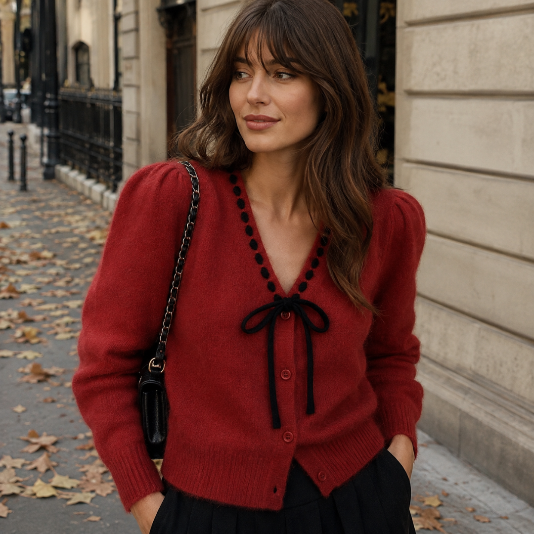 Cardigan donna rosso con scollo a V bordato e fiocco nero
