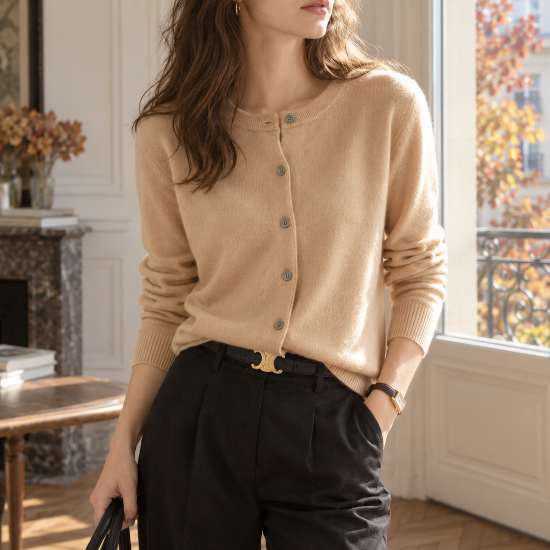 Cardigan donna albicocca con girocollo a costine e chiusura con bottoni