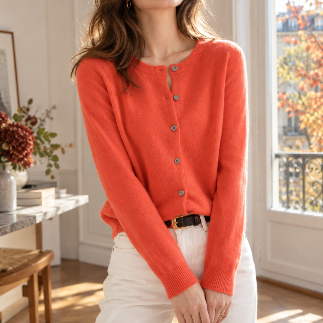Cardigan donna arancione a girocollo con maniche lunghe e bottoni davanti