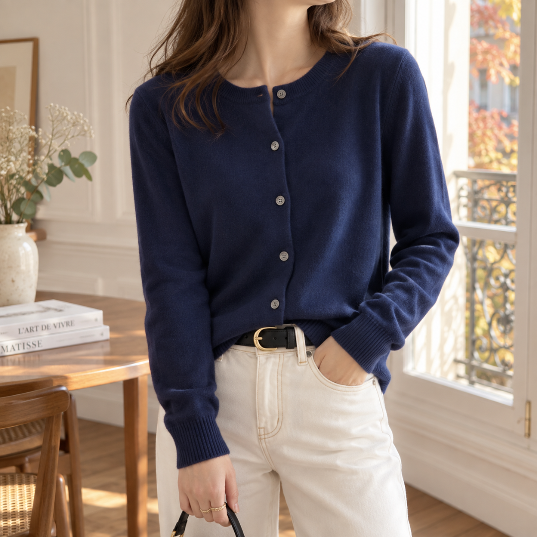 Cardigan donna blu navy con girocollo a costine e chiusura con bottoni