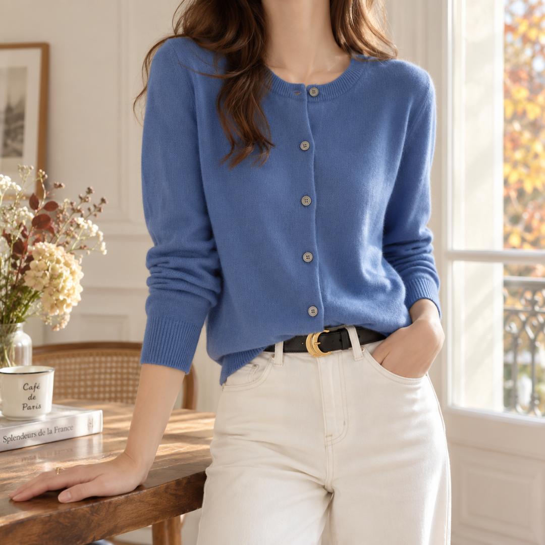 Cardigan donna blu con girocollo a costine e chiusura frontale con bottoni