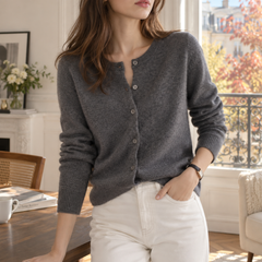 Cardigan donna grigio scuro a girocollo con bottoni e maniche lunghe