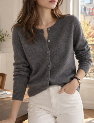 Cardigan donna grigio scuro a girocollo con bottoni e maniche lunghe