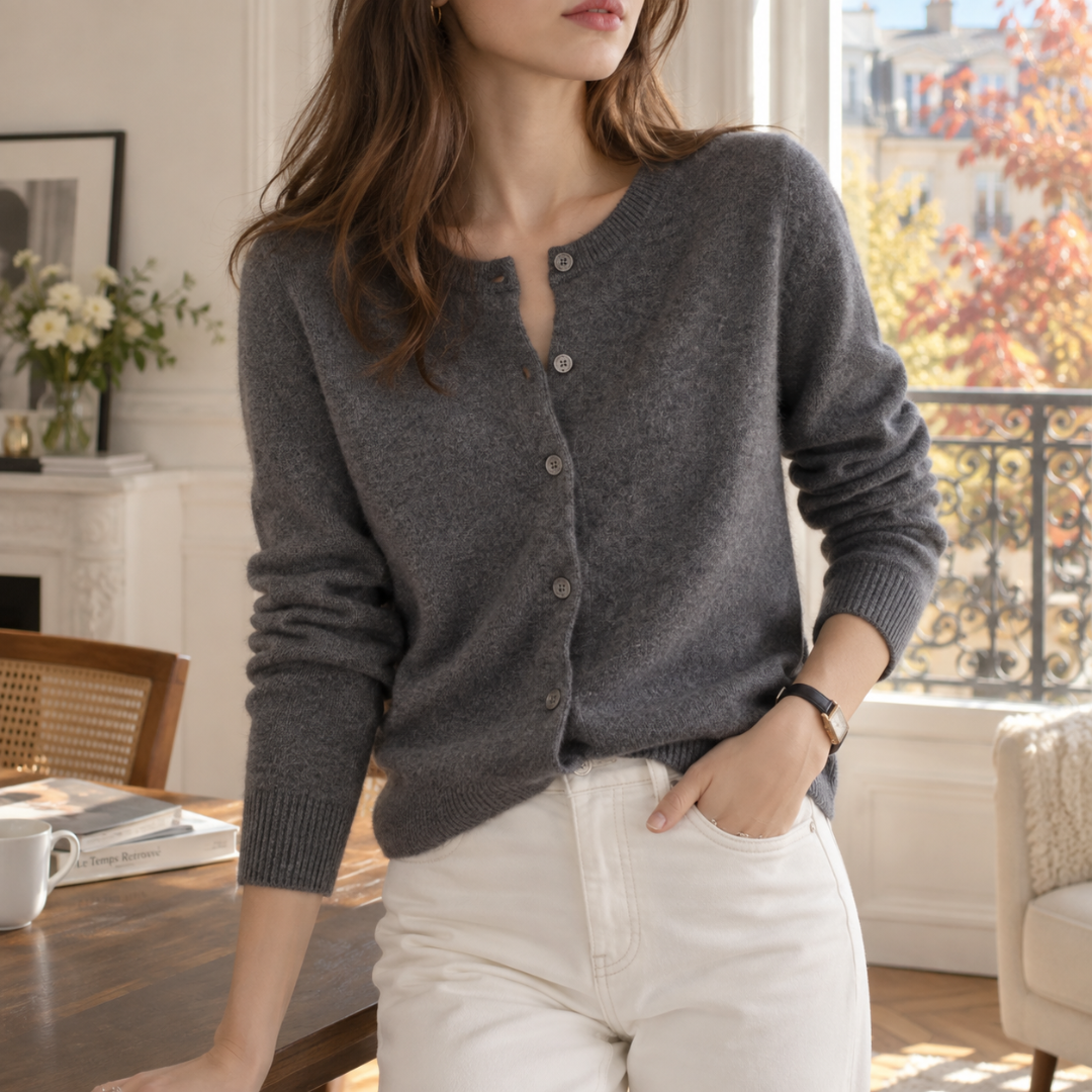 Cardigan donna grigio scuro a girocollo con bottoni e maniche lunghe