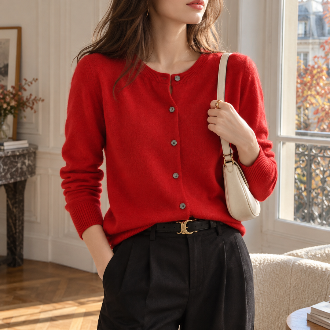 Cardigan donna rosso intenso con bottoni davanti e polsini a costine