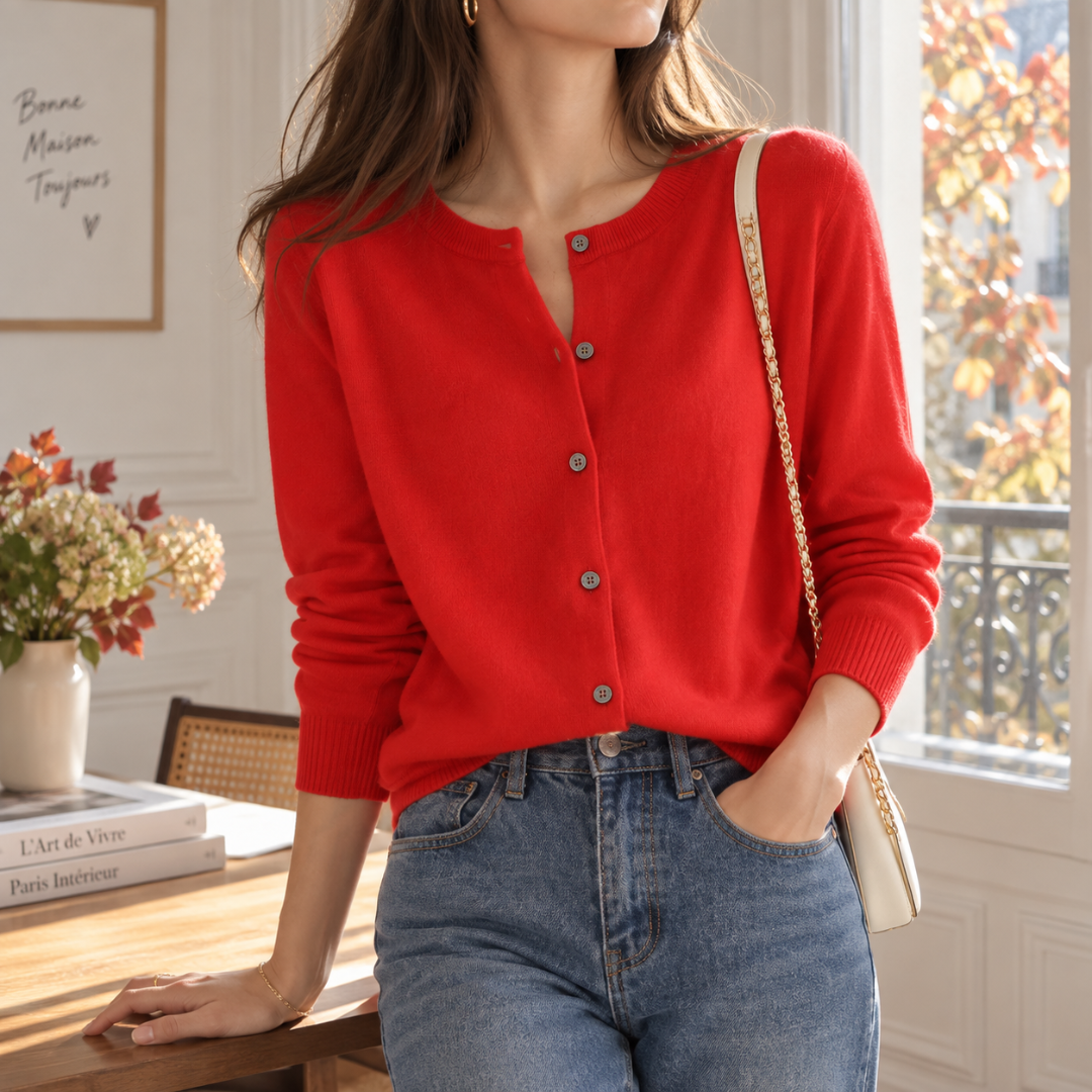 Cardigan donna rosso con girocollo a costine e fila di bottoni frontali
