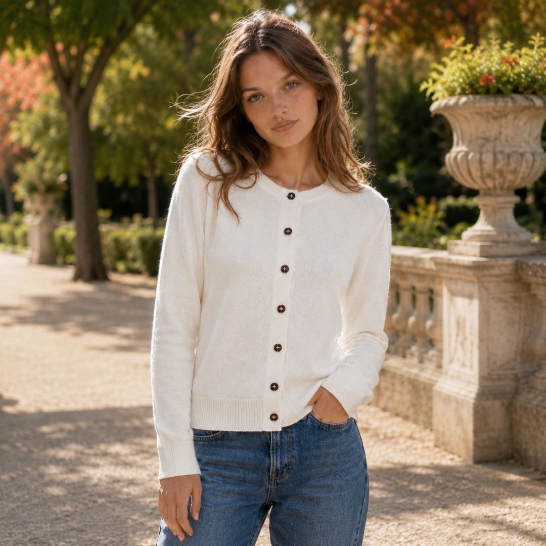 Cardigan donna bianco a girocollo con bottoni scuri sul davanti e polsini a coste
