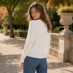 Retro del cardigan donna bianco a maniche lunghe con fondo a costine