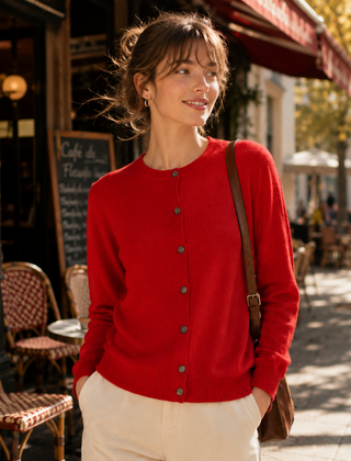 Cardigan donna rosso a girocollo con bottoni scuri e bordo inferiore a coste