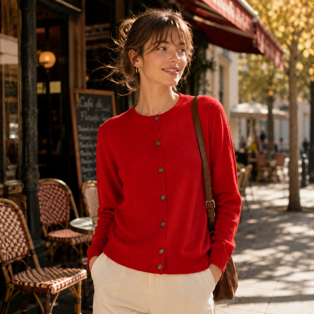 Cardigan donna rosso a girocollo con bottoni scuri e bordo inferiore a coste