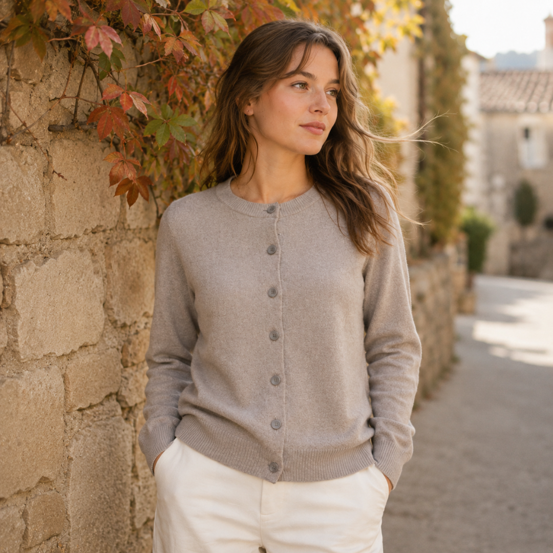 Cardigan donna tortora con chiusura frontale a bottoni e maniche lunghe