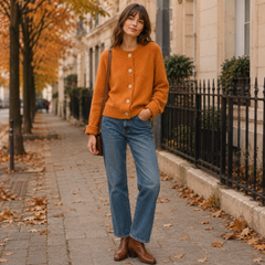 Cardigan donna arancione a girocollo con bottoni chiari e bordi a coste