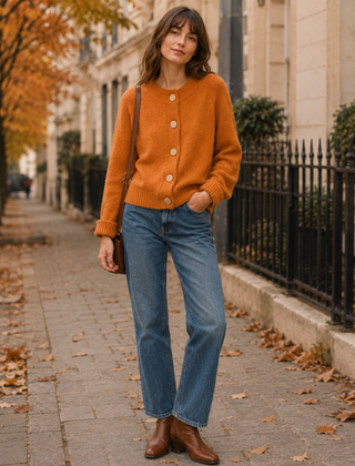 Cardigan donna arancione a girocollo con bottoni chiari e bordi a coste