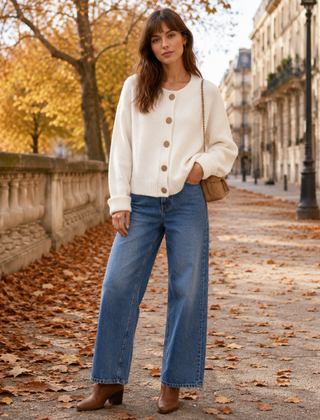 Cardigan donna bianco a girocollo con bottoni a contrasto e pantaloni larghi blu