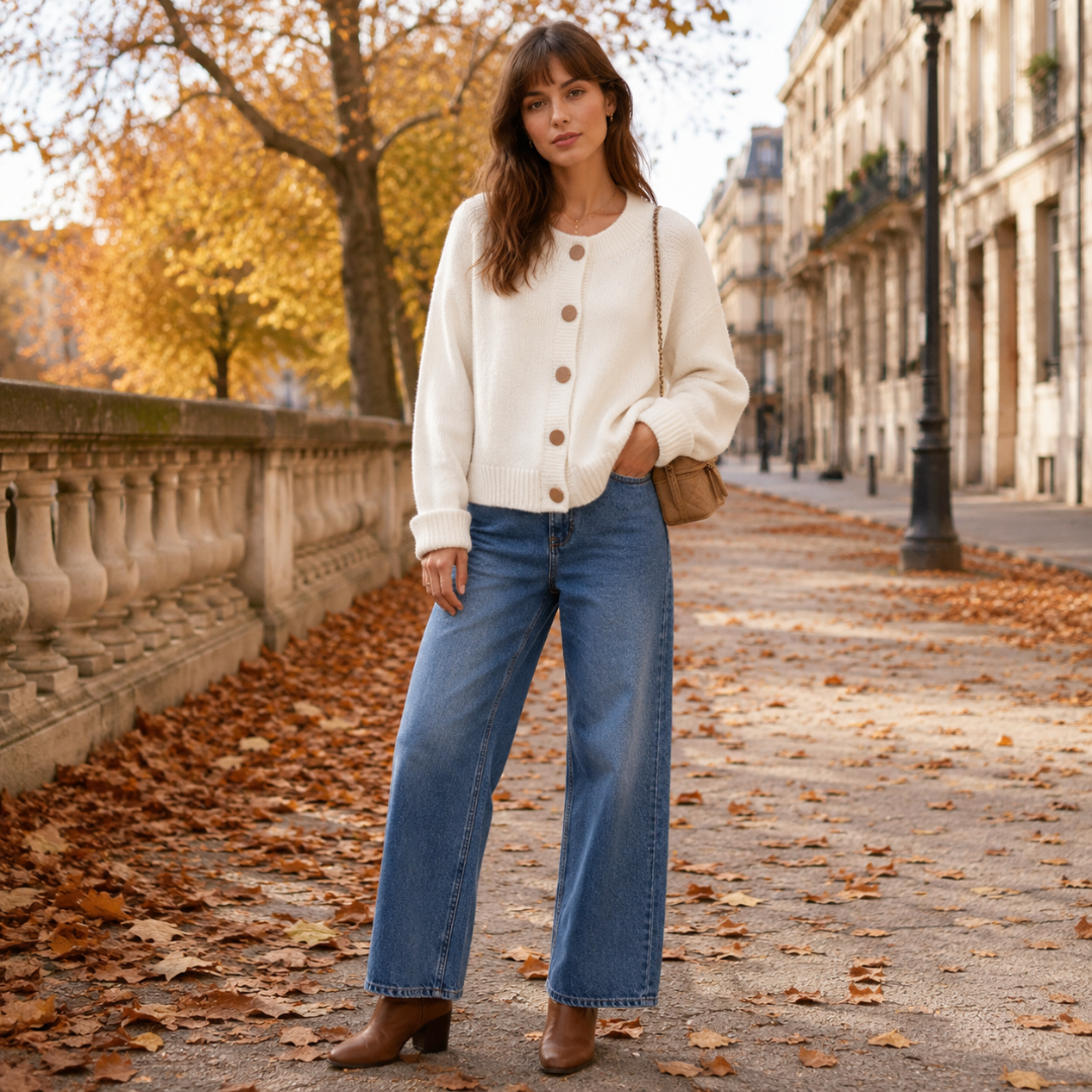 Cardigan donna bianco a girocollo con bottoni a contrasto e pantaloni larghi blu