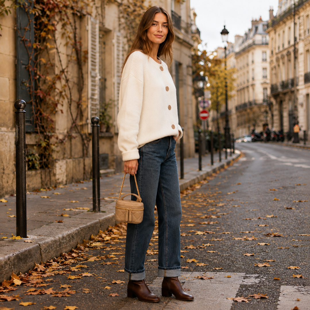 Vista laterale del cardigan donna bianco a girocollo con bordo inferiore a coste