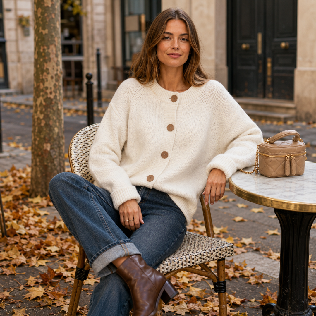 Donna seduta indossa cardigan bianco a girocollo con bottoni a contrasto