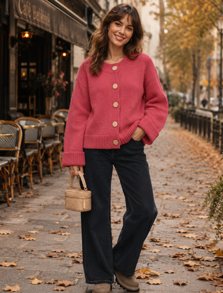 Cardigan donna rosa a girocollo con bottoni chiari e polsini a coste larghi