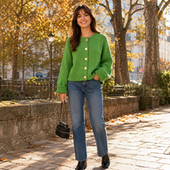Cardigan donna verde con girocollo, bottoni a contrasto e maniche lunghe