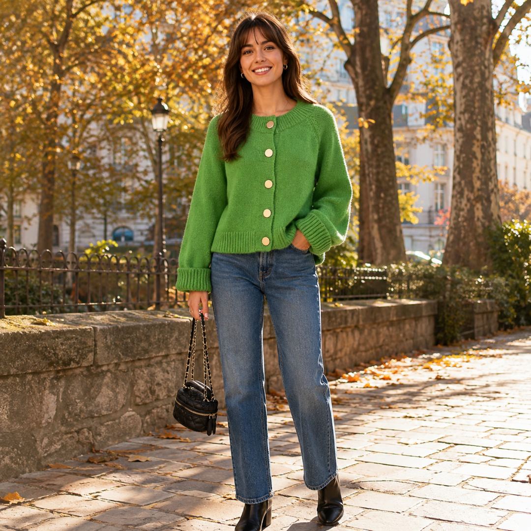 Cardigan donna verde con girocollo, bottoni a contrasto e maniche lunghe
