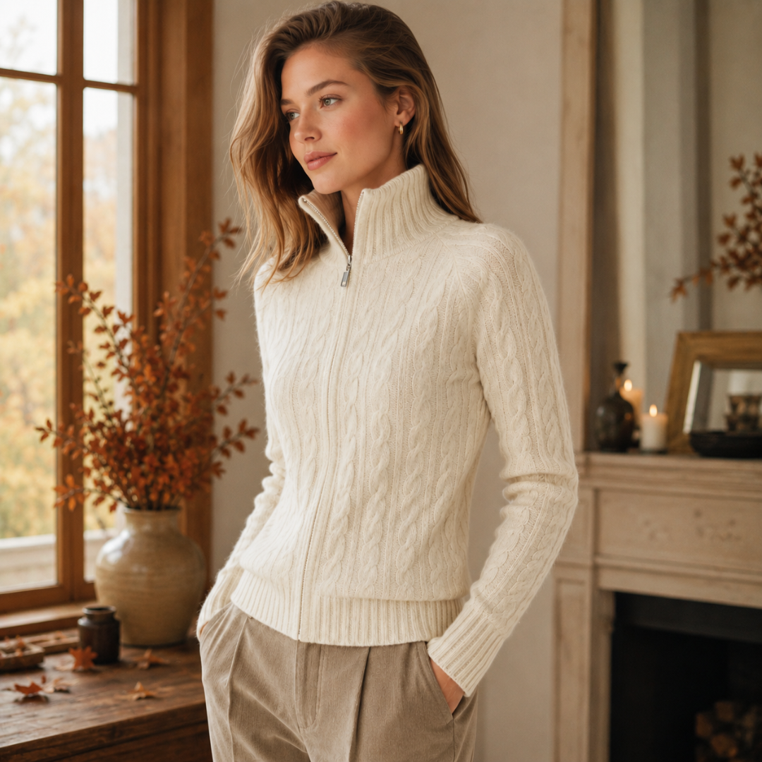 Cardigan bianco a trecce con zip parzialmente aperta e polsini a coste