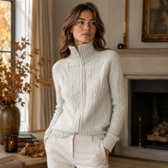 Cardigan donna grigio chiaro in maglia intrecciata con zip integrale davanti