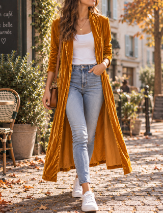 Cardigan lungo arancione effetto velluto aperto sul davanti, con pantalone chiaro e sneakers bianche