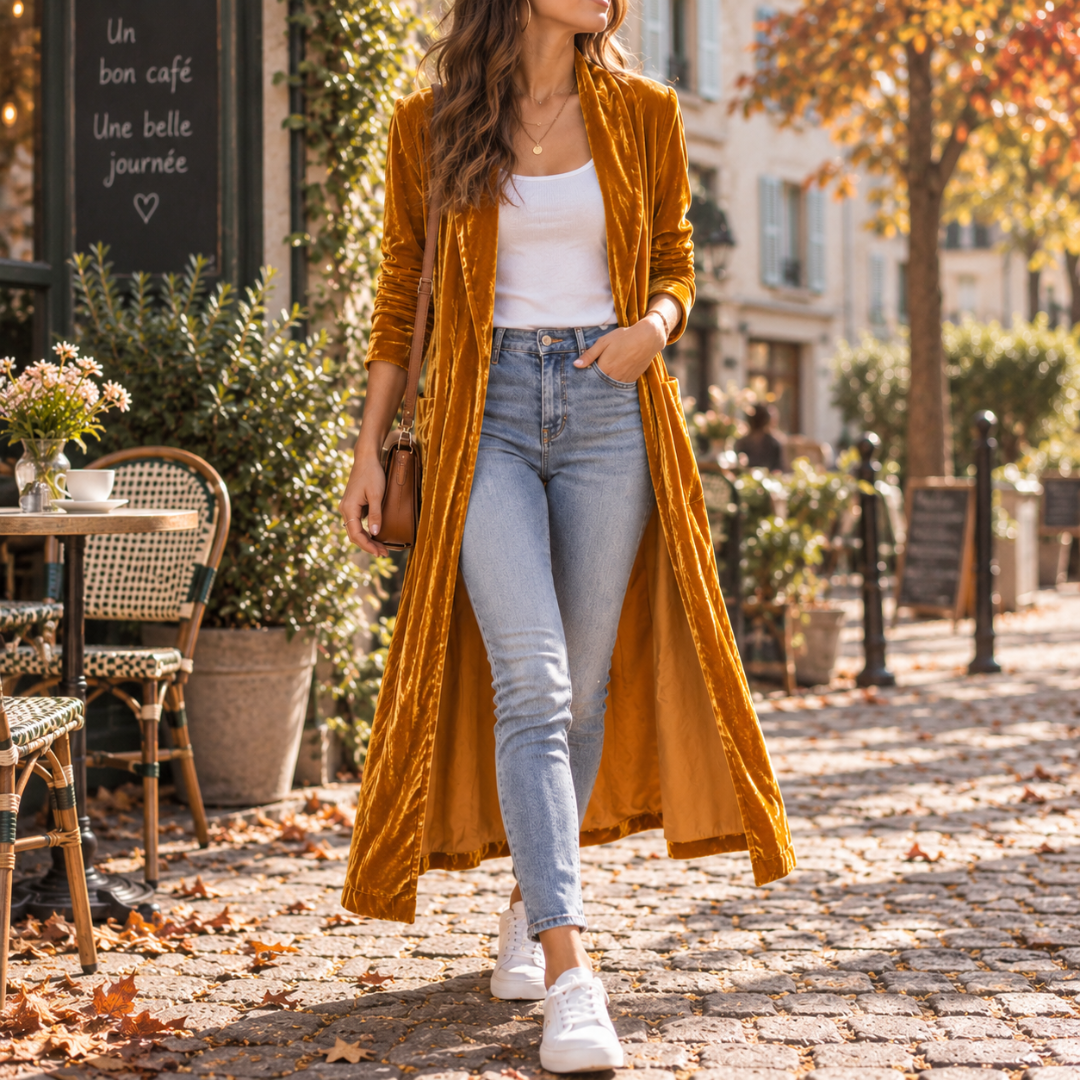 Cardigan lungo arancione effetto velluto aperto sul davanti, con pantalone chiaro e sneakers bianche