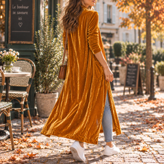 Cardigan arancione di tre quarti con tasca applicata laterale, maniche lunghe e spacco