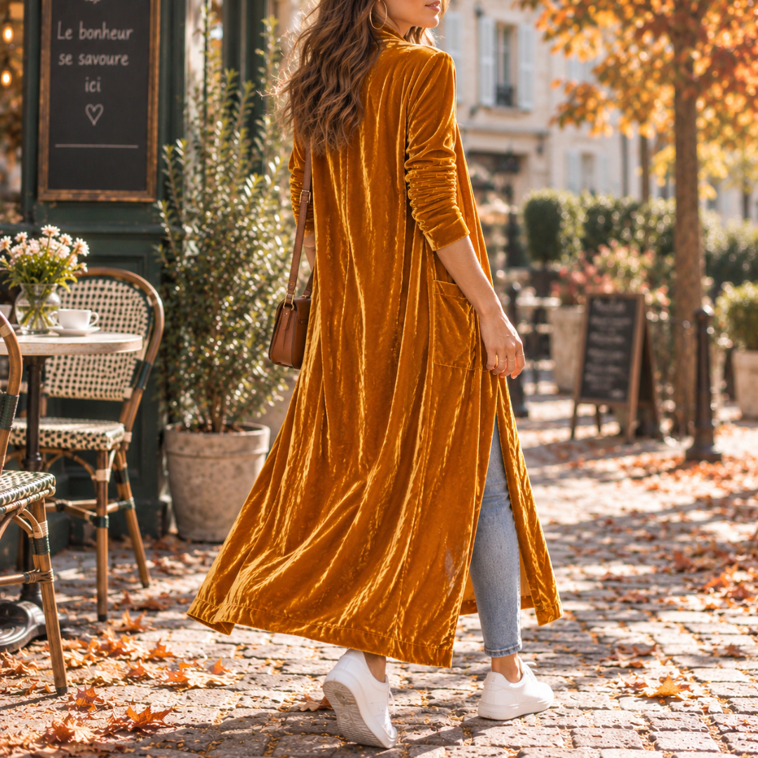 Cardigan arancione di tre quarti con tasca applicata laterale, maniche lunghe e spacco