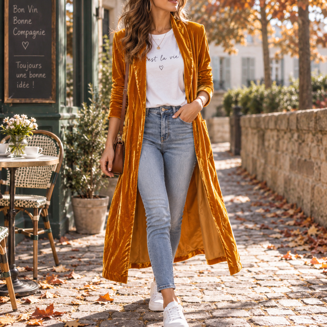 Cardigan lungo arancione con revers a scialle su t-shirt bianca e pantalone chiaro