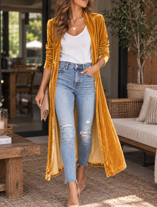 Cardigan lungo giallo con revers a scialle e tasche, indossato su top bianco