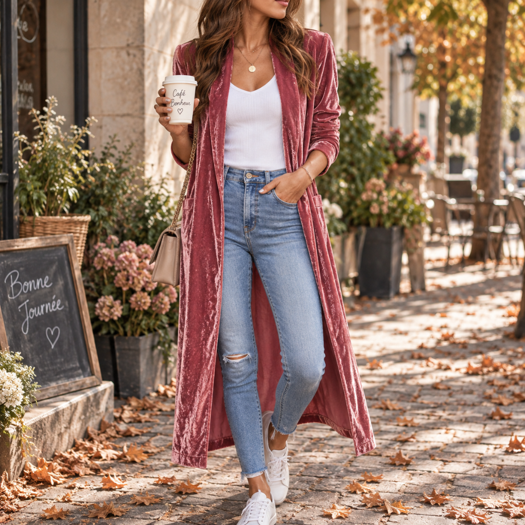 Cardigan lungo rosa aperto sul davanti, abbinato a pantalone chiaro e sneakers bianche